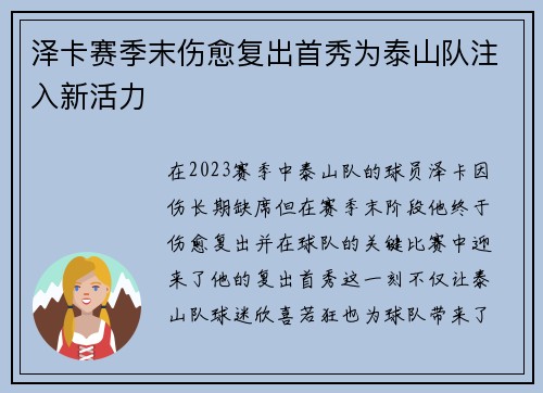 泽卡赛季末伤愈复出首秀为泰山队注入新活力 泽卡赛季末伤愈复出首秀为泰山队注入新活力